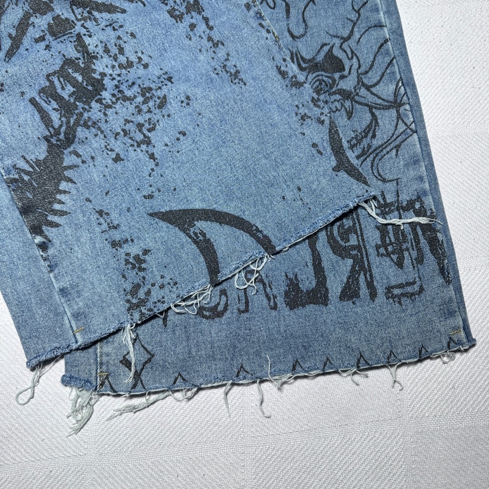 Romwe Wide Leg Jeans Womens Medium 6 Skeleton Skull Oni Demon Print Blue Denim - Picture 4 of 15